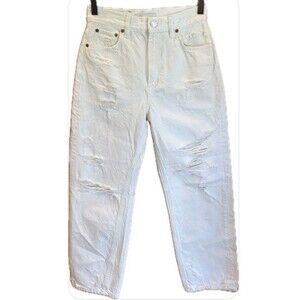 ZARA The Pepper Mom Jeans  Distressed High Rise Straight Leg White Denim Jeans 2